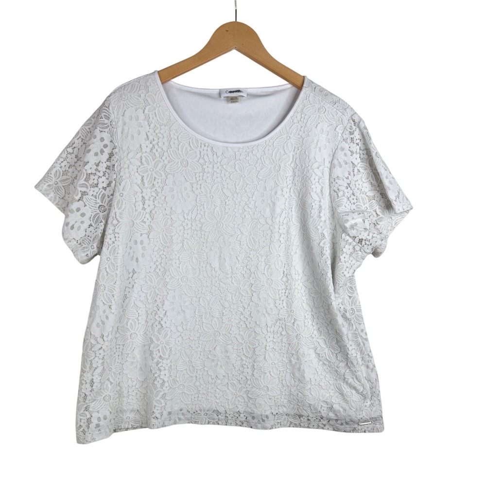 Calvin Klein Top Womens Size‎ 2X White Lace Scoop Neck Short Sleeve Lined